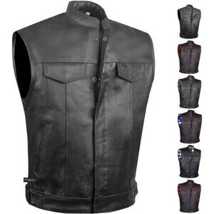 Men's Leather Motorcycle Concealed Gun Pockets Biker Club Vest w/Armor L